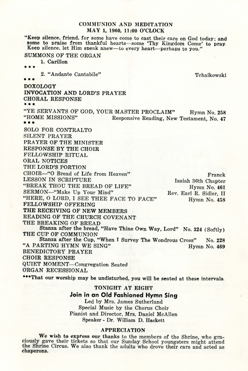 Wilkinsburg Baptist Church May 1, 1960, Program